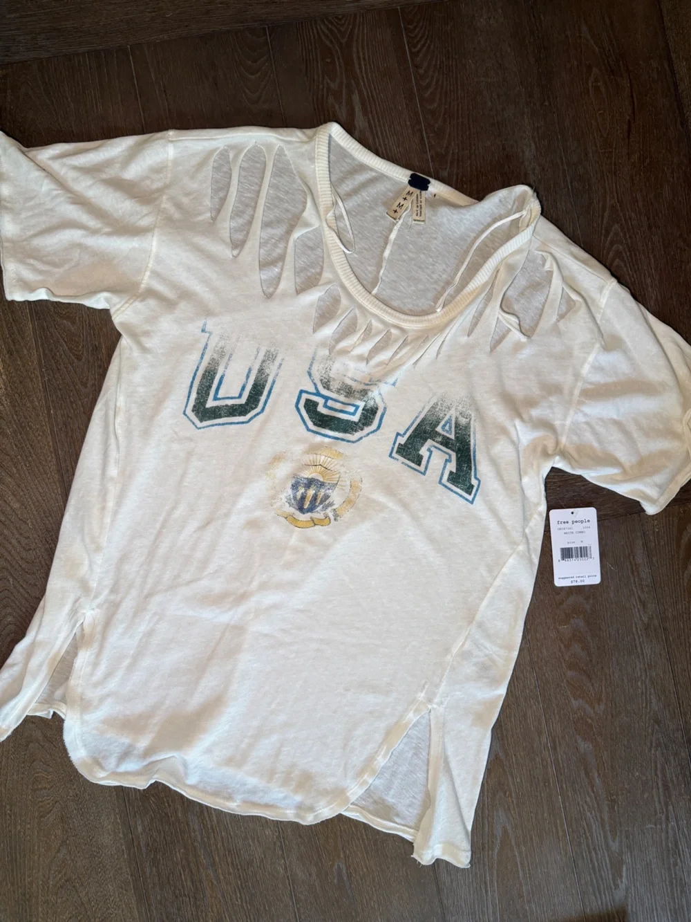 FREE PEOPLE WE THE FREE Women's White Distressed Graphic Top with Cutout Detail